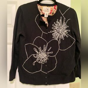 Anthroplogie Tabitha brand Black Floral Embroidered Cardigan Sweater